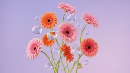 Vibrant gerbera daisies surrounded by bubbles