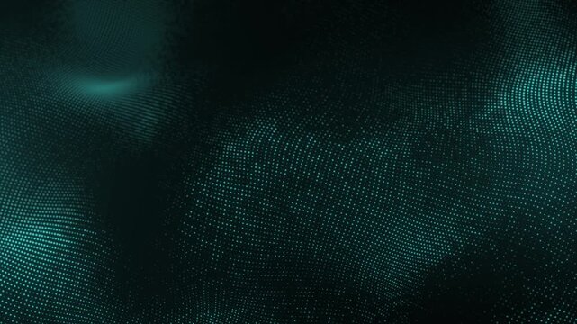 Abstract flowing dot wave in teal colors, digital particle surface with smooth motion and depth, futuristic technology background for data and AI visuals. Seamless looping 4K video.
