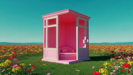 Cozy pink cabin in flower field