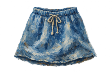 Painterly Denim Skirt on transparent background with a string tie detail.