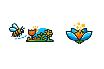 Cute bee and stylized flowers with glowing effect