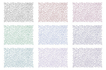 Abstract colorful polka dot pattern collection with stipple effect on white background.