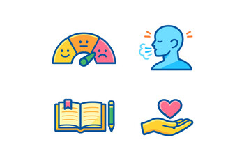 Obraz premium Set of icons: emotional meter, breathing, book, and helping hand