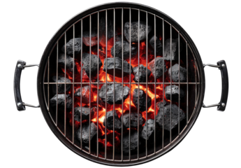 Glowing Charcoal Grill with Red Hot Coals and Black Metal Grate Isolated on Transparent Background
