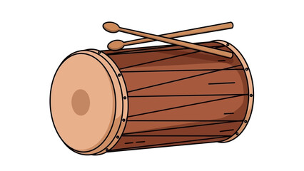 Traditional wooden drum with drumsticks on a white background