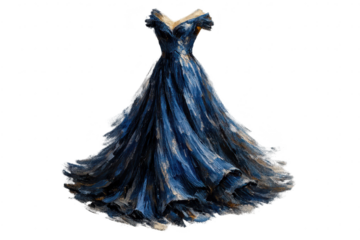 Elegant blue dress floating on transparent background, oil painting art