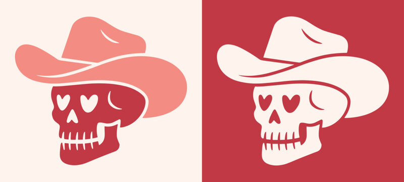 Skull with heart shaped eyes wearing cowboy hat funny cowgirl dark romance Valentine's Day drawing. Girly country theme retro pink red preppy gothic western wild west aesthetic sticker flat design.