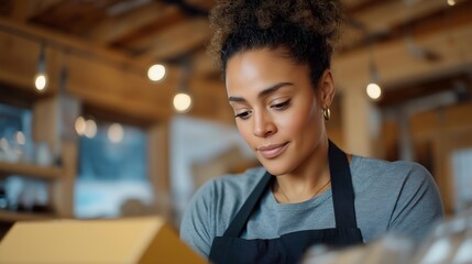 A small business owner focuses on detail while packing a handmade item into branded box, emphasizing authenticity, artisanal quality, and customer experience. cinematic color correction, natural