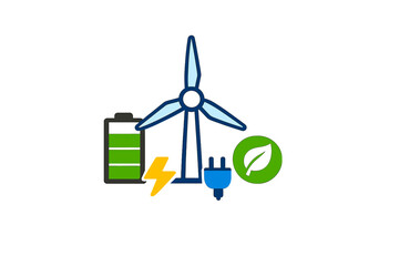 Fototapeta premium Renewable energy symbols: wind turbine, battery, leaf, and plug