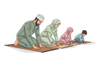 Family Praying Together on Prayer Mats in Traditional Attire