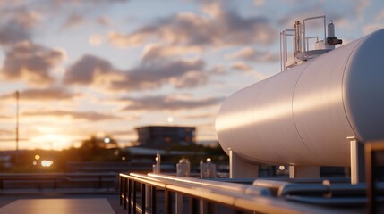 Gas tank connected to pipelines and control systems, representing fuel storage technology, energy logistics, and operational safety measures. cinematic color correction, natural uneven lighting yet