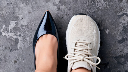 Contrast between elegant high heel and wide sneaker showing beauty versus comfort dilemma. Concept of foot health and style choice.