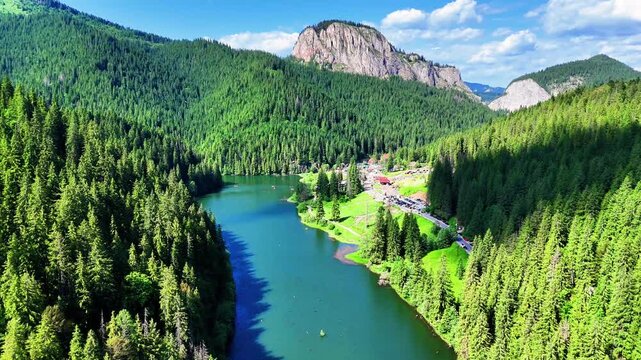 Aerial drone video of Red Lake (Lacu Roșu), Romania, in summer