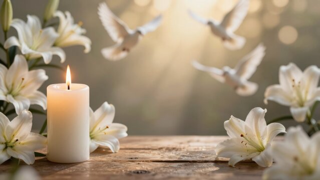 Serene memorial background with white candle lilies and doves in golden sunlight with copy space