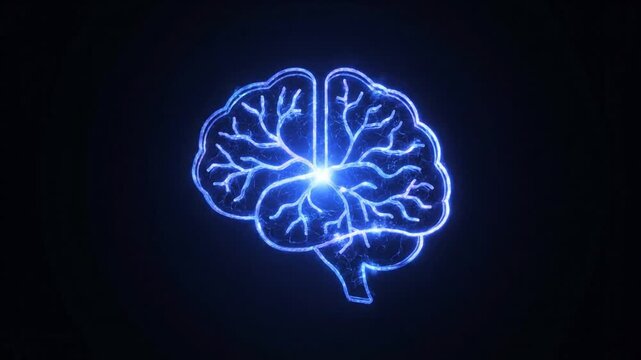 Glowing blue brain illustration highlighting neural activity against dark background.