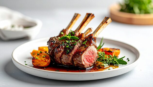 New Zealand roasted lamb rack on ceramic plate, perfectly seared surface with herbs, soft natural daylight, minimalist background, shallow depth of field, ultra-realistic food photography