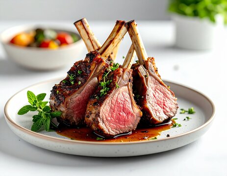 New Zealand roasted lamb rack on ceramic plate, perfectly seared surface with herbs, soft natural daylight, minimalist background, shallow depth of field, ultra-realistic food photography