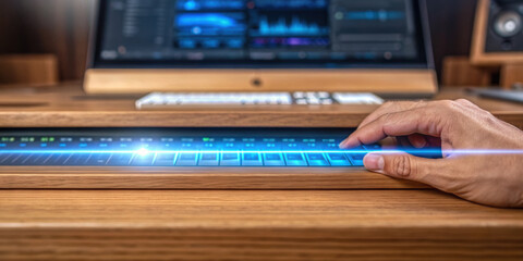 Hand interacting with blue holographic interface on wooden desk in front of computer screen showing digital data and graphs