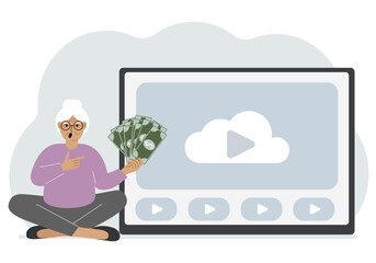 A woman holds paper banknotes in his hand, next to a computer with a video. Freelancer, earning money, working on the Internet, training, coaching, business, remote work.