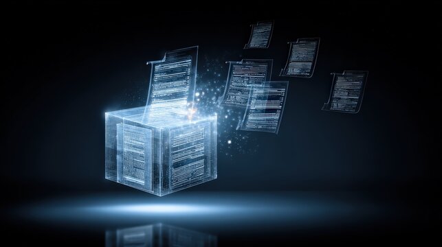 A glowing, digital box surrounded by floating sheets of data, symbolizing technology, information transfer, and futuristic concepts. - Powered by Adobe
