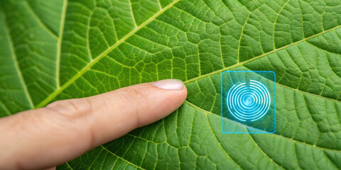 Finger touching green leaf with digital fingerprint icon, symbolizing biometric technology and nature connection in detailed close up shot