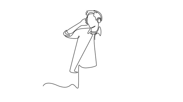 Curating playlists. man listening to streaming music on wireless headphones. Personal Touch concept. Single line draw design. Full length animation illustration. High quality 4k footage