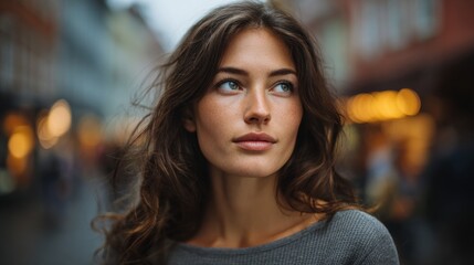 Obraz premium An engaging portrait of a woman looking away with a thoughtful expression. This image captures her natural beauty and confident attitude against a blurred urban background