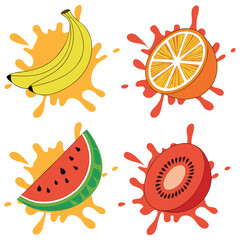 Orange, kiwi fruit, banana, tomato, watermelon, papaya juice. Fresh fruits and splashes, 3d vector icon set
