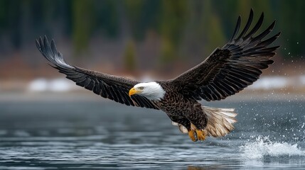 Fototapeta premium Bald eagle diving to catch a fish in a lake, claws extended, water splash, freezing motion, dramatic wildlife photography 