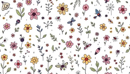 Whimsical hand-drawn spring doodles pattern with flowers, leaves, insects, and rain elements on a light background, perfect for seasonal designs,  sun,  background