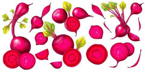 Vibrant red beetroot illustrations, various shapes & styles, whole & sliced,  food,   vector illustration beetroot