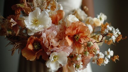 Artistic wedding bouquet with oversized blooms and abstract composition, creative bridal floristry, unique wedding design.