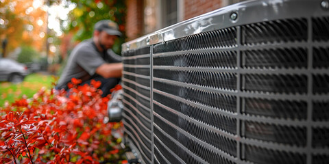 Technician repairs air conditioning unit outside home Generative AI