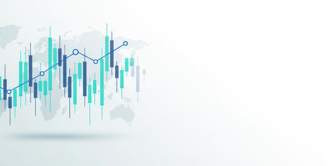 Financial market graph stock investment growth chart with trade business transparent line with candlestick on global map background for data analysis concept