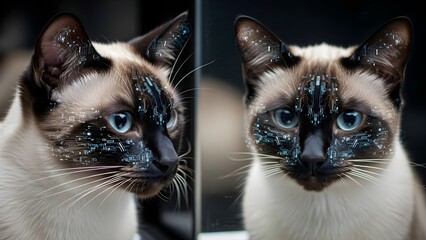 Close-up portrait of a domestic Siamese cat with classic point coloration, featuring light fur on its body and darker brown points on its face, ears, and paws. The cat has distinctive bright blue eyes