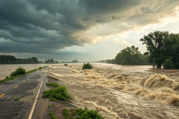 Dramatic River Flooding Under Stormy Skies, Overflowing Banks Submerging Roadway