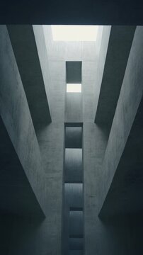 Drone slowly ascending through a series of tall architectural light wells, each framed by concrete beams.