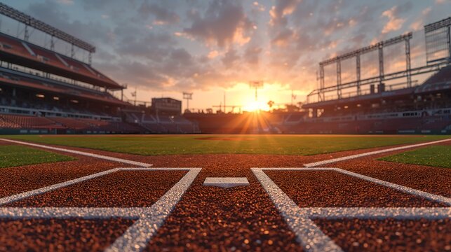 Baseball field at sunset, a dramatic and stunning view. Perspective from home plate, with the sun setting behind the stadium