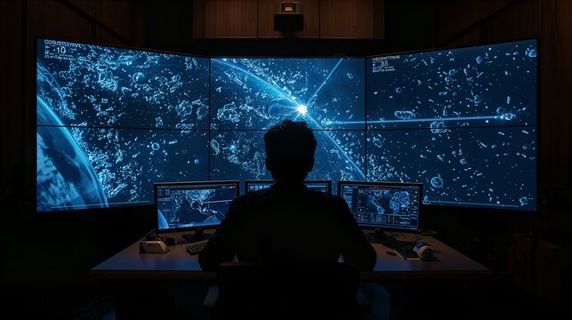 A person sits in front of computer monitor with data visualization on display  - Powered by Adobe