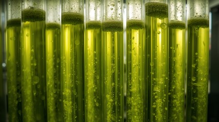 Close-up view of test tubes filled with green liquid. Showcasing scientific research and experimentation.