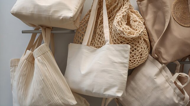 Collection of ecofriendly shopping tote bags made of different materials displayed, promoting sustainable living and responsible consumption