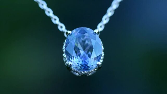 Elegant Blue Gemstone Pendant on a Silver Chain Macro Shot.