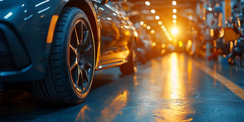 Modern car engine in a workshop setting with bright lights Generative AI