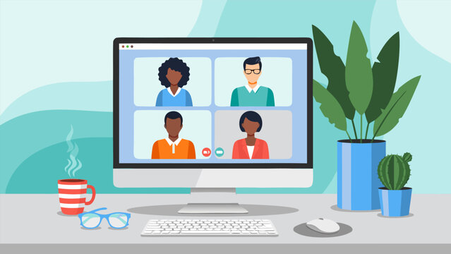 Video conference call vector illustration on desktop computer with people and coffee
