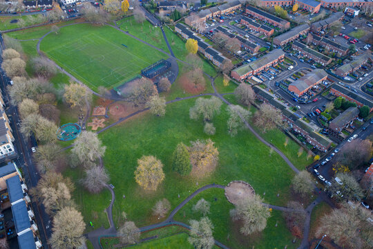 Overhead Panorama of Ordsall Park Sports and Leisure Zones in Salford - Greater Manchester. 