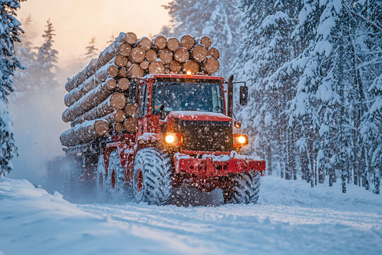Logging machine pushes snow and carries logs in winter Generative AI