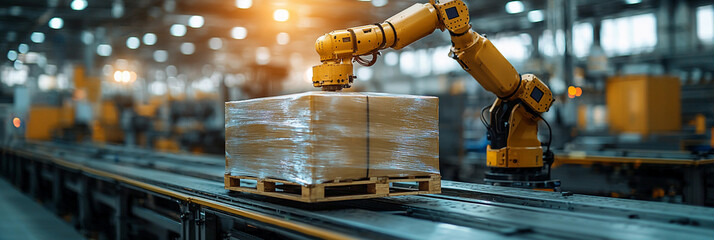 Robotic arm lifts wrapped pallet in modern factory setting Generative AI