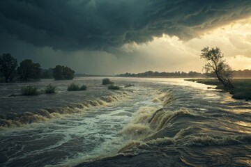 Powerful Floodwaters Rage Under Stormy Skies, Overwhelming Riverbanks and Creating Turbulent Currents
