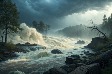 Powerful floodwaters surge through a turbulent river under stormy skies, showcasing nature's immense force.