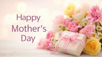 Mothers Day, Valentines Day, love holiday theme. A vibrant bouquet of flowers and a gift box adorned with a ribbon, set against a blurred background.